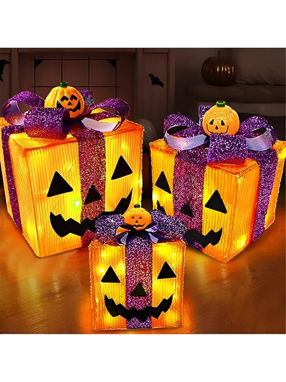 [ 8 Modes & Timer ] 3 Pack Lighted Halloween Pumpkin Decorations Gift Box